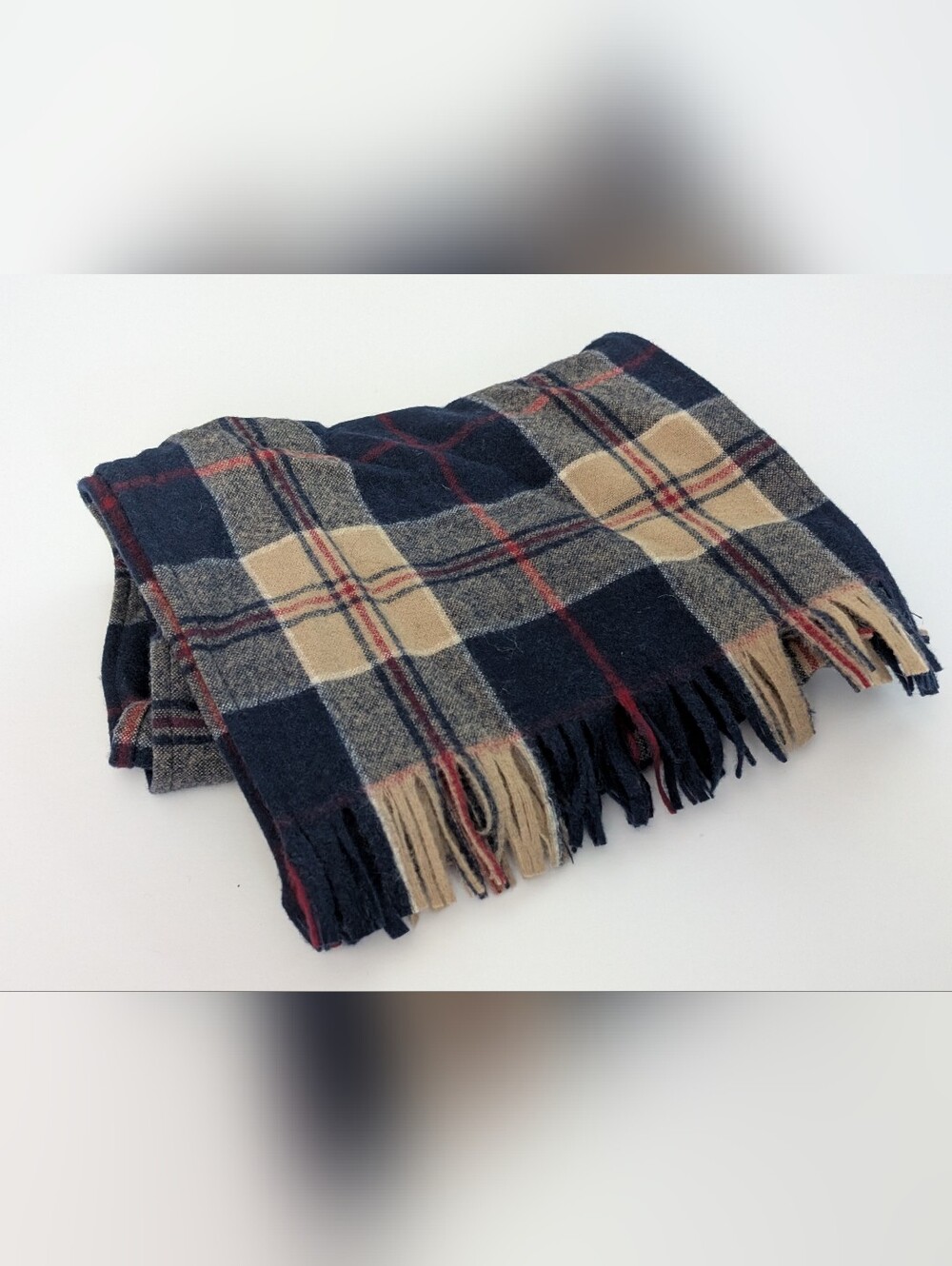 Vintage Pendleton Plaid Wool Scarf - Navy And Beige - 9" Wide By 56" Long!